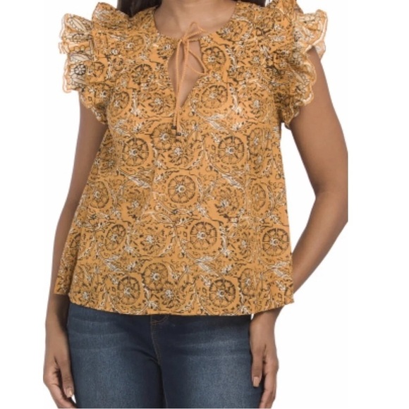 HOUSE OF HARLOW 1960 Flutter Sleeve Top Tie Front Mustard Yellow Blouse Medium - Picture 1 of 10